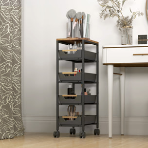 Carro de Cocina de Almacenamiento de 5 Niveles Carrito Auxiliar con Ruedas Tablero Efecto Madera y 4 Cajones Extraíbles Carrito de Cocina para Comedor Salón 39,5x24x82 cm Negro