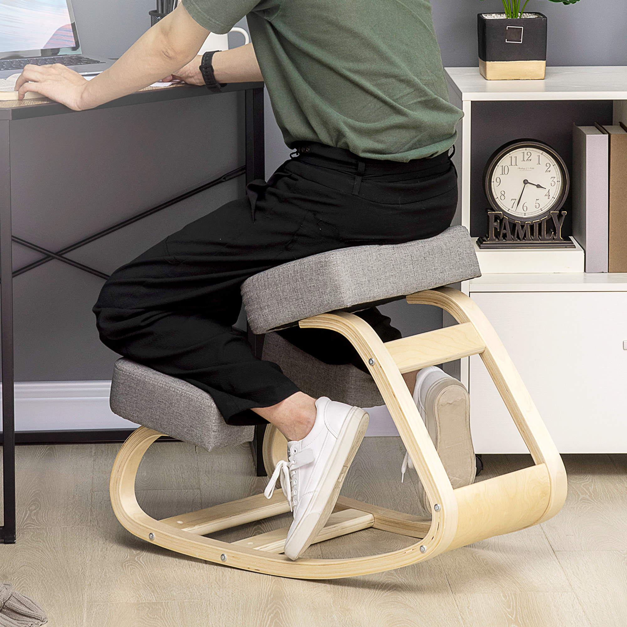 Tabouret ergonomique - siège assis à genoux - chaise à genoux grand confort - bois bouleau polyester gris