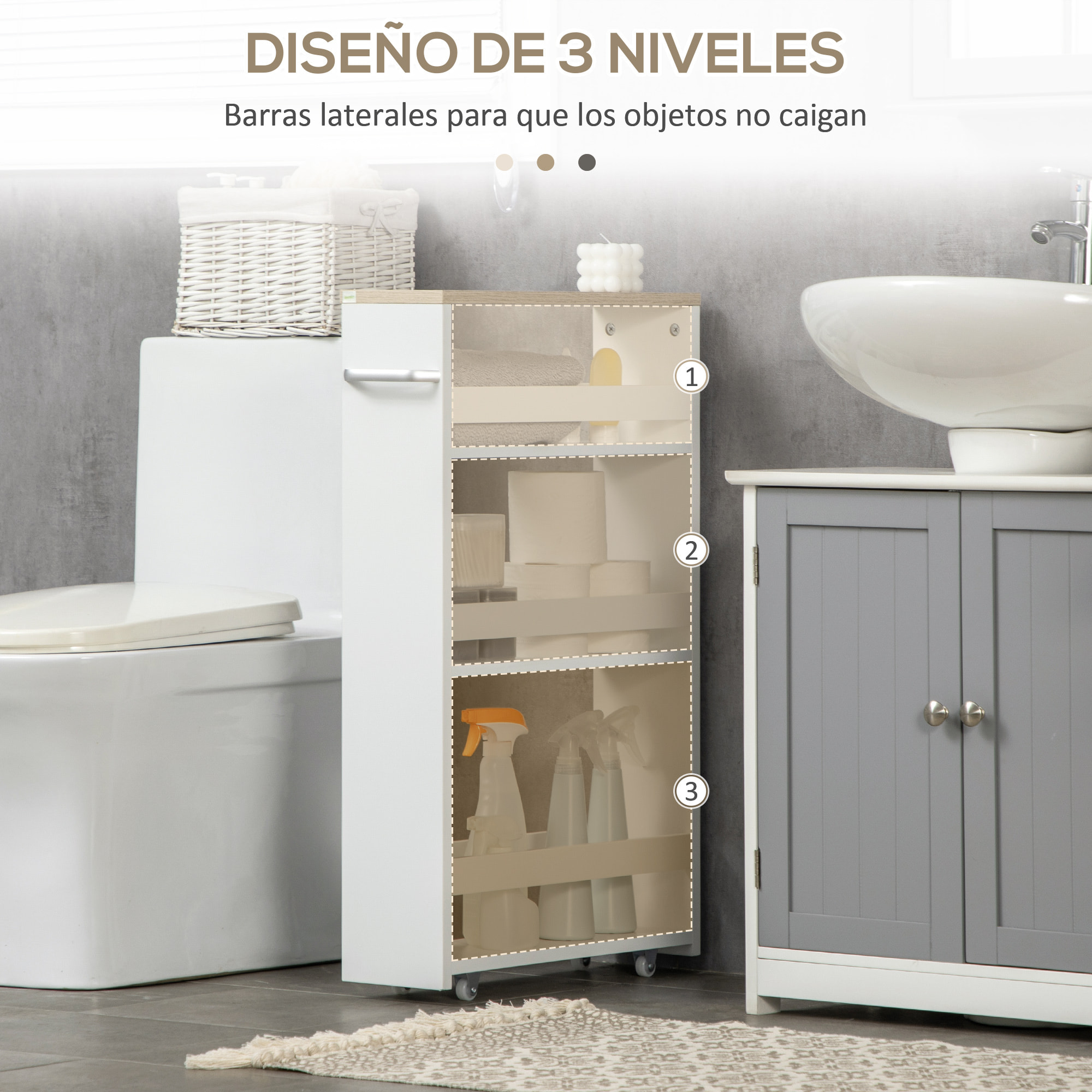 kleankin Estantería de Almacenamiento de Baño de 3 Niveles Estantería Estrecha con Asa Lateral Estante con Ruedas para Cocina Salón Estilo Moderno 48x15x80 cm Blanco