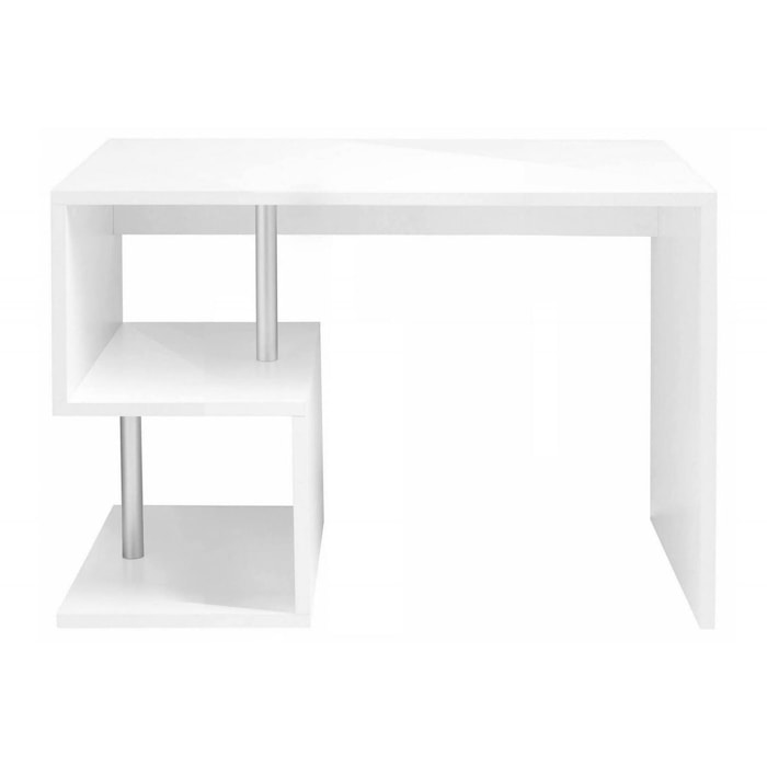 Scrivania moderna ad Esse per ufficio e studio con scaffale, Made in Italy, Tavolo da computer, Scrittoio porta PC, cm 100x50h78, colore Bianco lucido