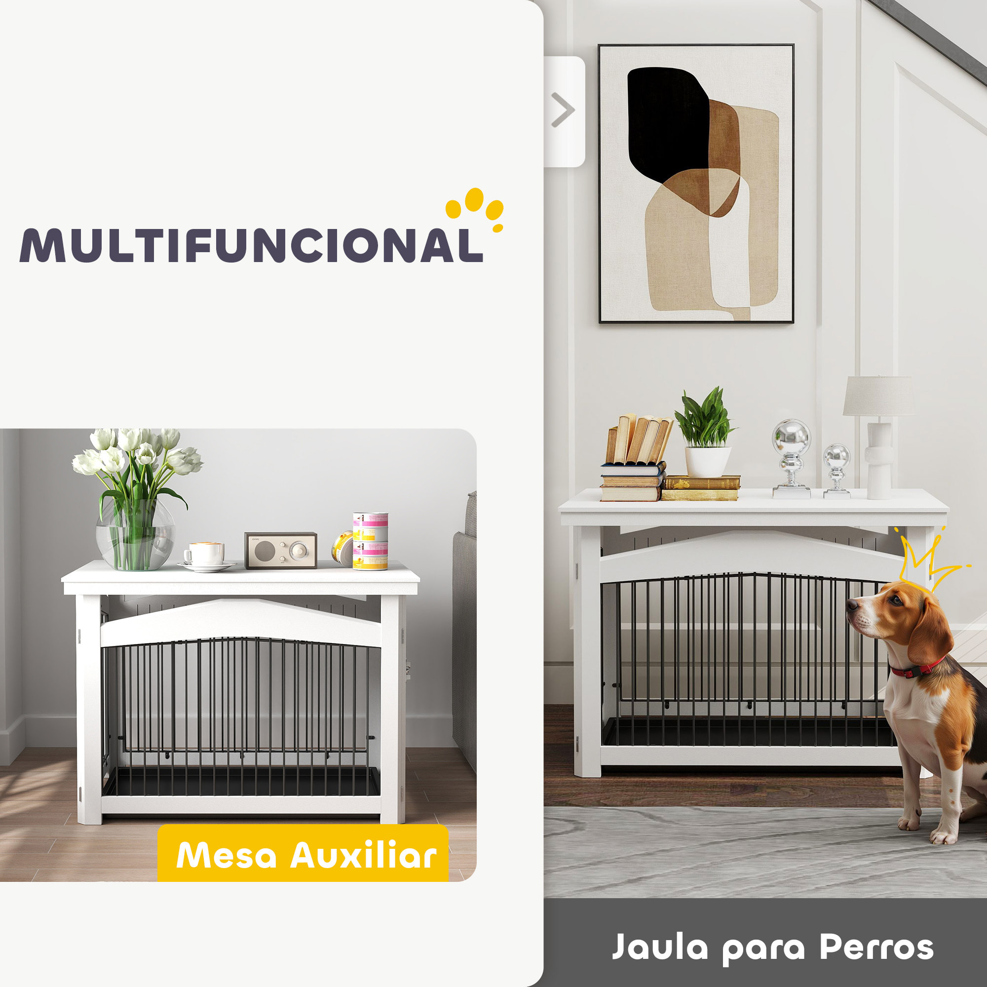 Jaula para Perros Medianos 3 en 1 Mesa Auxiliar Barrera para Perros con Puerta con Pestillo Tapa Superior Desmontable y Bandeja Extraíble 82,5x57,5x59,5 cm Blanco