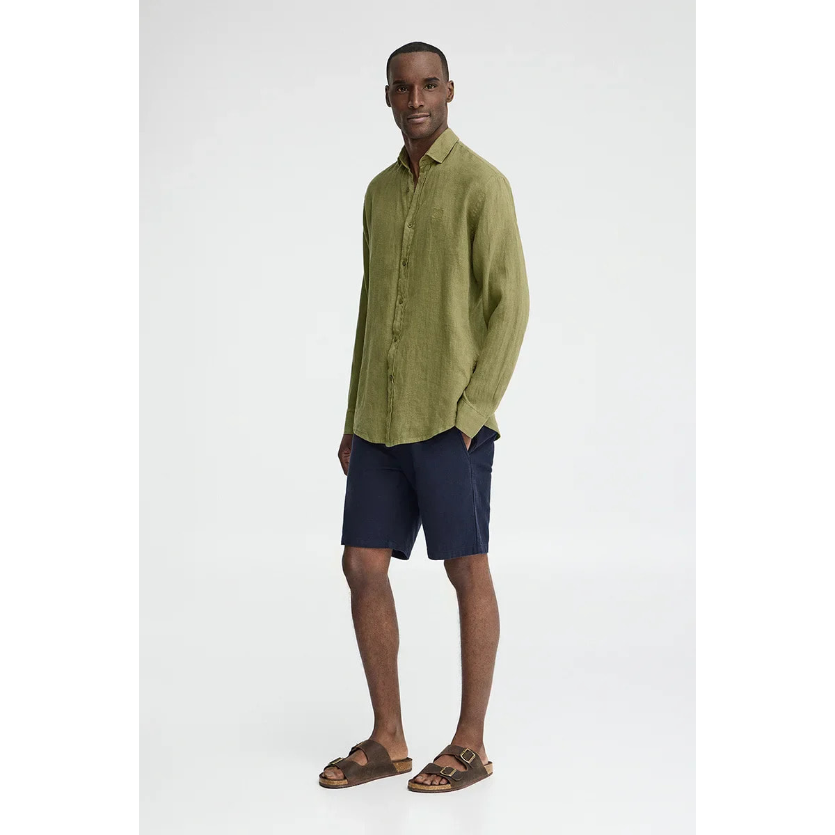 Camicia verde in lino regular fit con toppa Polo Club