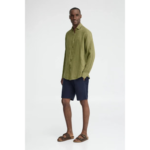 Camicia verde in lino regular fit con toppa Polo Club