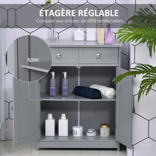 Meuble bas de salle de bain sur pied 2 portes avec étagère réglable 2 tiroirs poignées boutons métal MDF gris