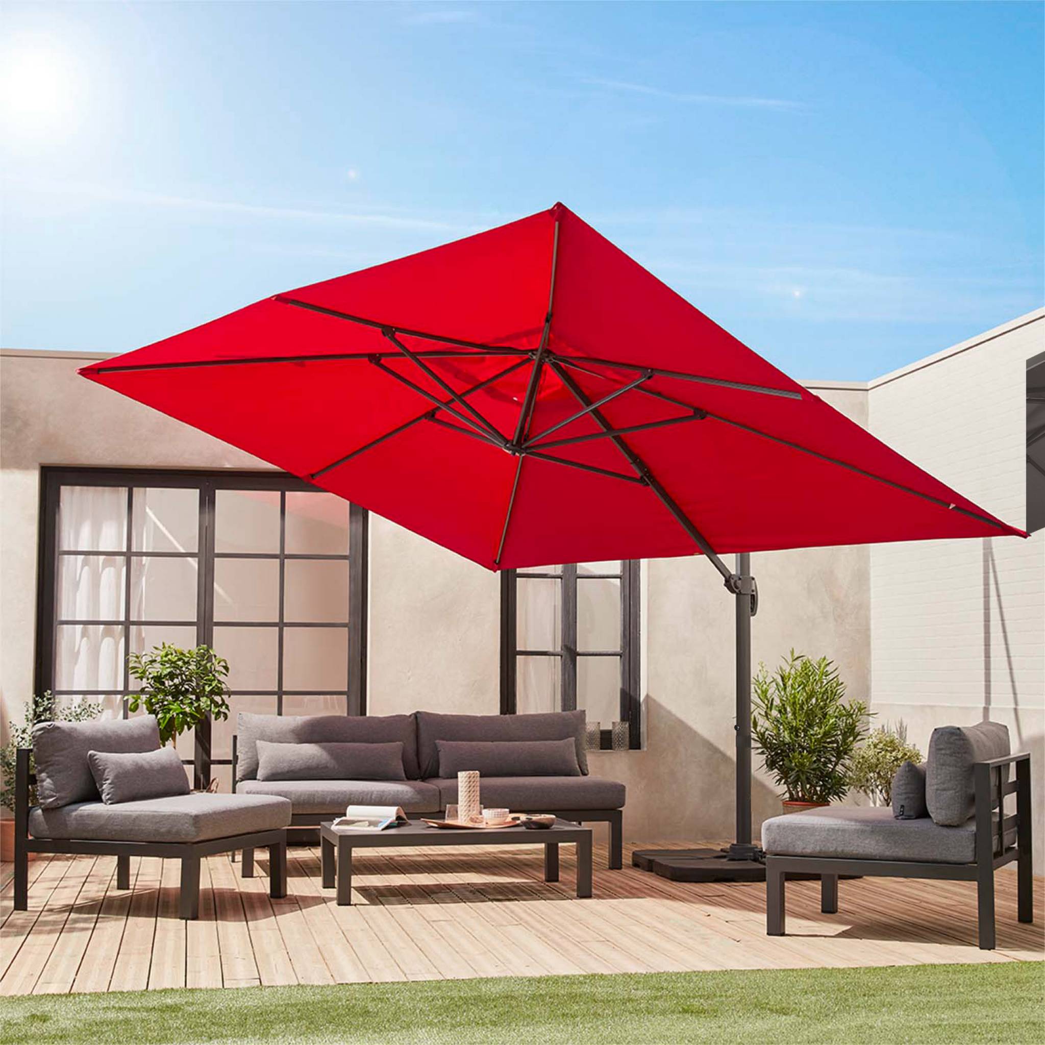 Parasol déporté rectangulaire rouge 3x4m + dalles à lester 50x50cm