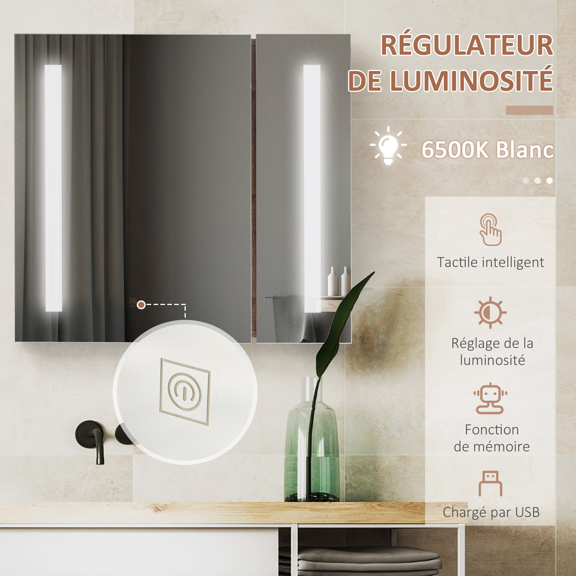 Miroir lumineux LED armoire murale design de salle de bain 2 en 1 dim. 70L x 15l x 65H cm MDF aspect bois