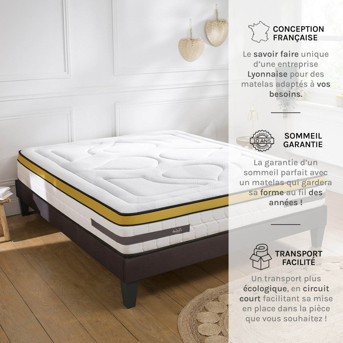 Ensemble Matelas Ressorts ensachés + mémoire Aubertin - 24 cm - 24 cm + sommier tissu gris - 2 Places