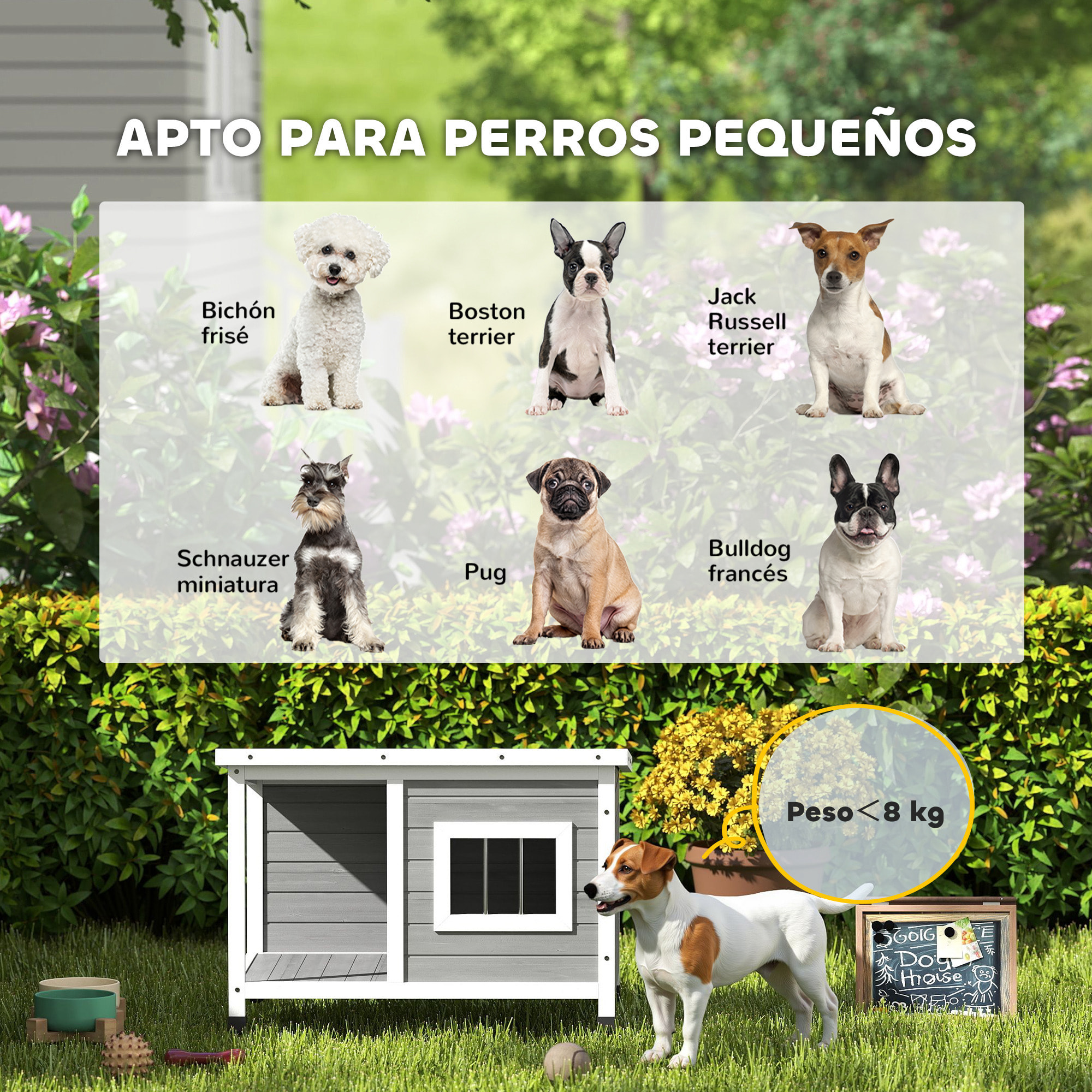 Caseta para Perros Exterior 85,5x62x60 cm Casa para Perros de Madera con Techo Asfáltico Abatible Puerta y Ventana para Perros Pequeños Gris