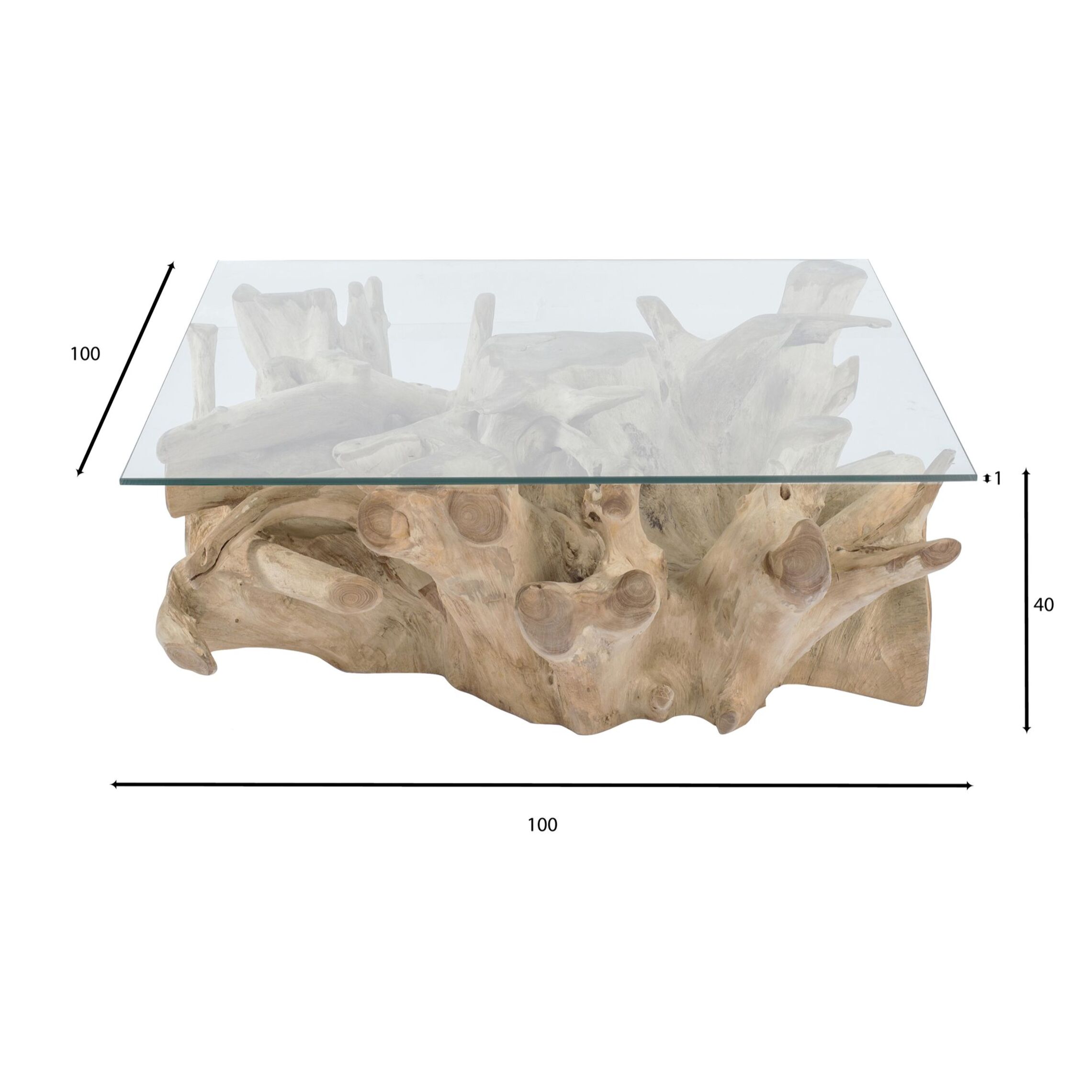 TABLE BASSE EN  RACINE DE TECK MASSIF/PLATEAU VERRE110X110XH40SARANNAH