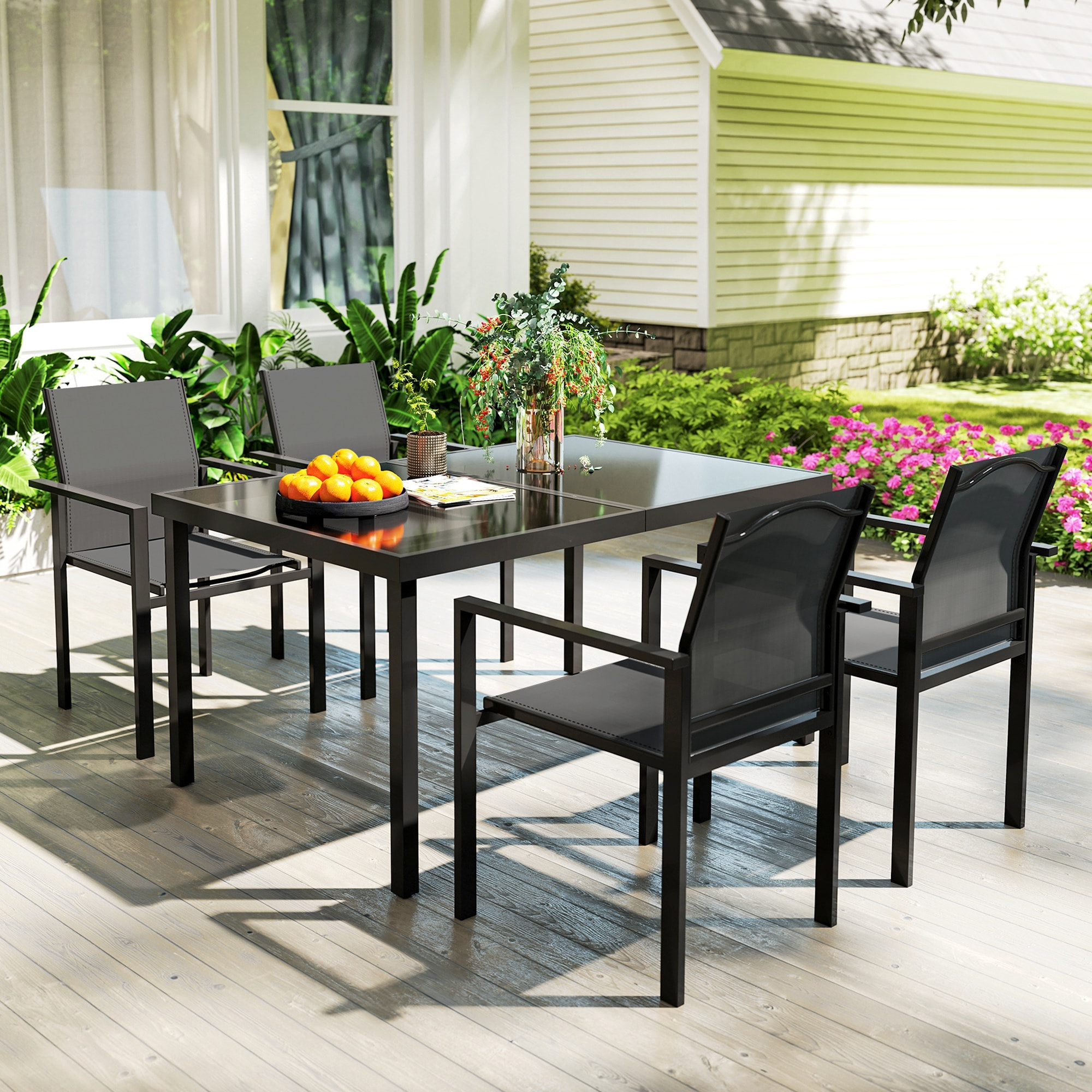 Ensemble table de jardin rectangulaire et 4 chaises empilables métal textliène verre trempé noir