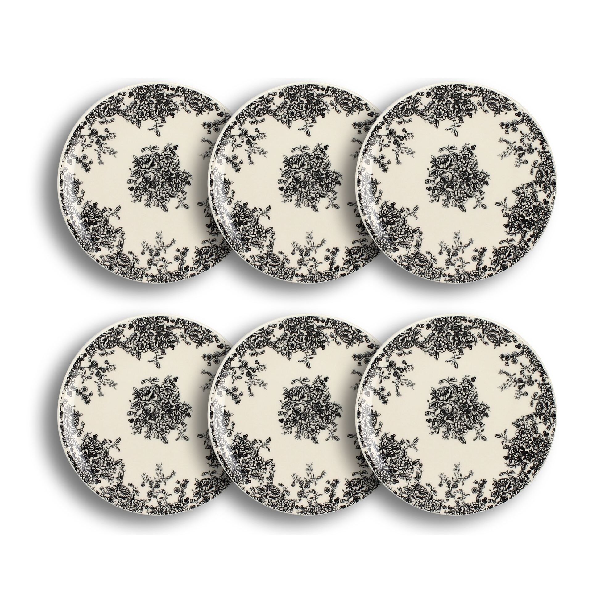 Lot de 6 assiettes à dessert en grès décor fleuri noir 19,5cm FLORALI
