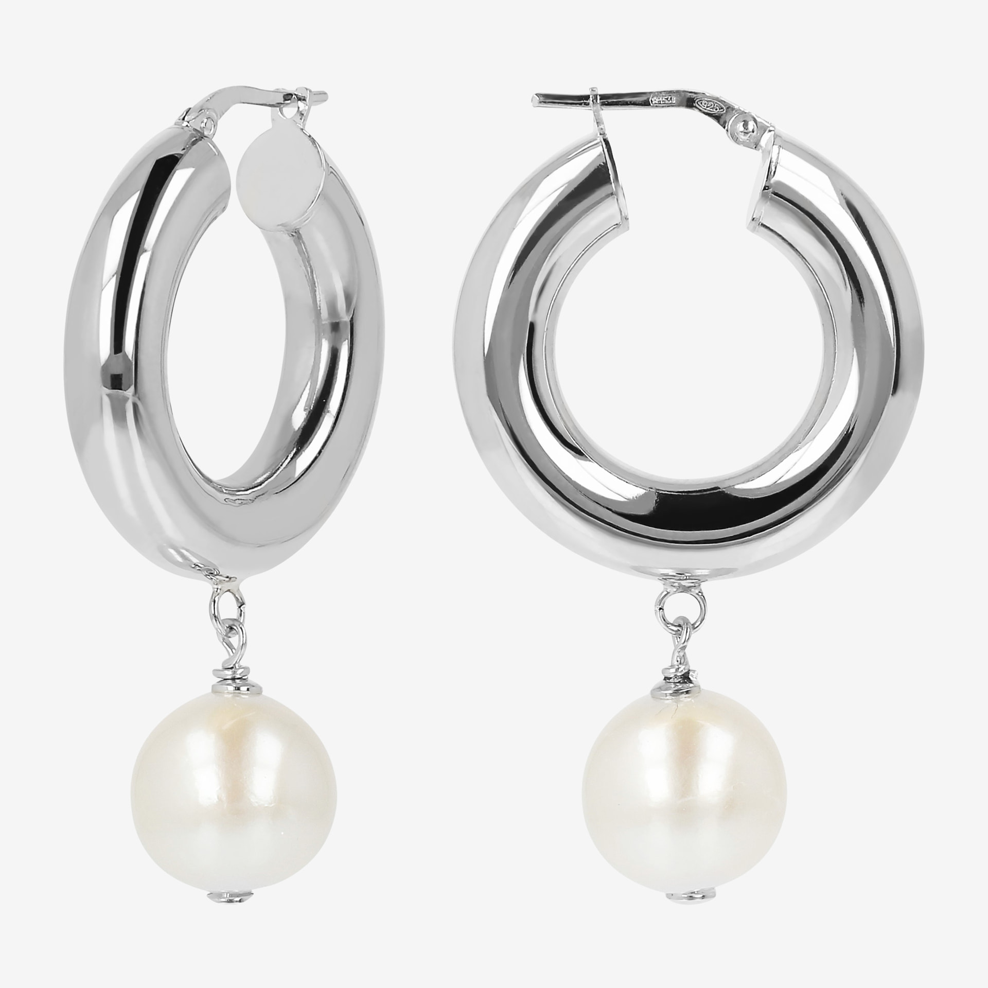 Orecchini a Cerchio con Perle Ming d'Acqua Dolce Bianche Ø 12/13 mm in Argento 925 placcato Oro bianco 18Kt