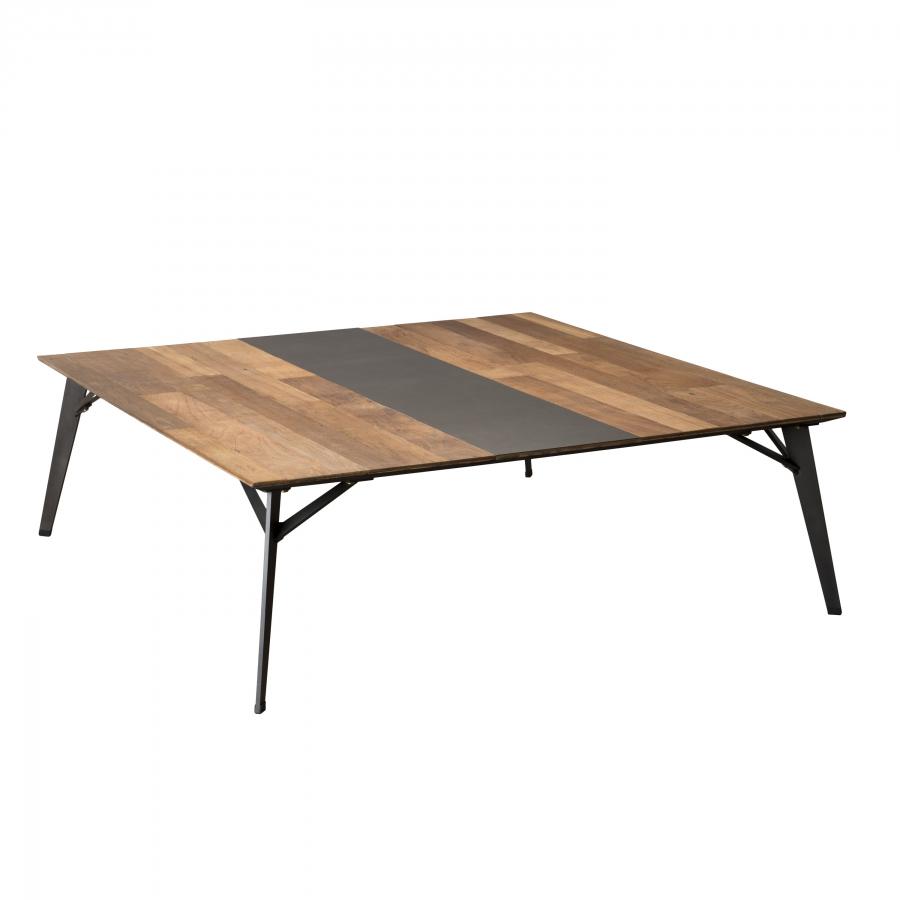 MADISON - Table basse carrée 120x120cm bois Teck recyclé métal et pieds métal noir