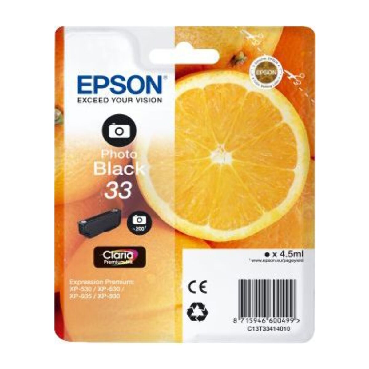 Cartouche d'encre EPSON Originale T3341 Noire Photo Série Orange - C13T33414010