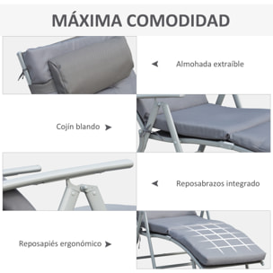 Tumbona Plegable Tumbona de Jardín con Respaldo Ajustable en 7 Posiciones con Cojín Cuerpo Entero y Cabeza para Terraza Piscina Carga 165 kg 137x63,5x100,5 cm Gris