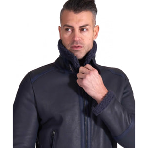 Montone blu Shearling biker uomo collo camicia con fibbia