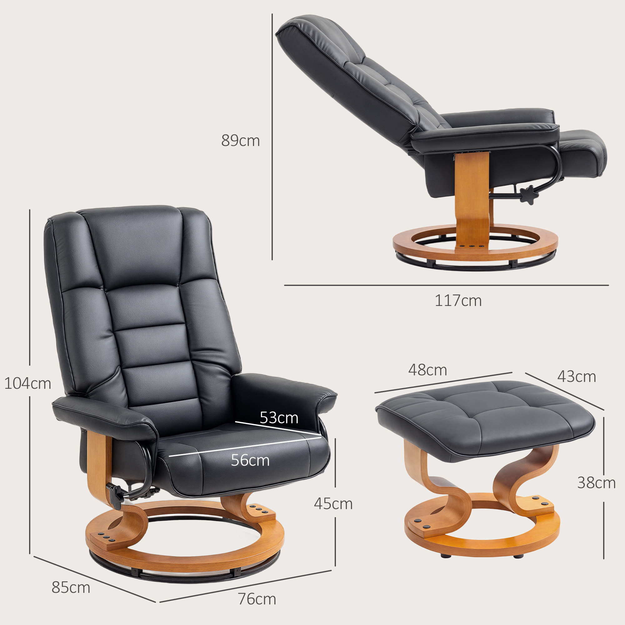 Fauteuil relax inclinable pivotant réglable avec repose-pied bois revêtement synthétique noir