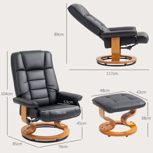Fauteuil relax inclinable pivotant réglable avec repose-pied bois revêtement synthétique noir
