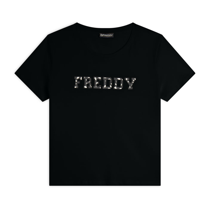 T-shirt in cotone Supima con logo maculato bicolore