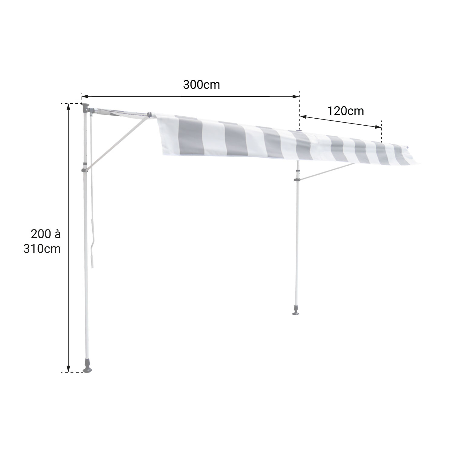 Store banne pour balcon CHENE 3 × 1,2m - Toile rayée blanche/grise et structure blanche