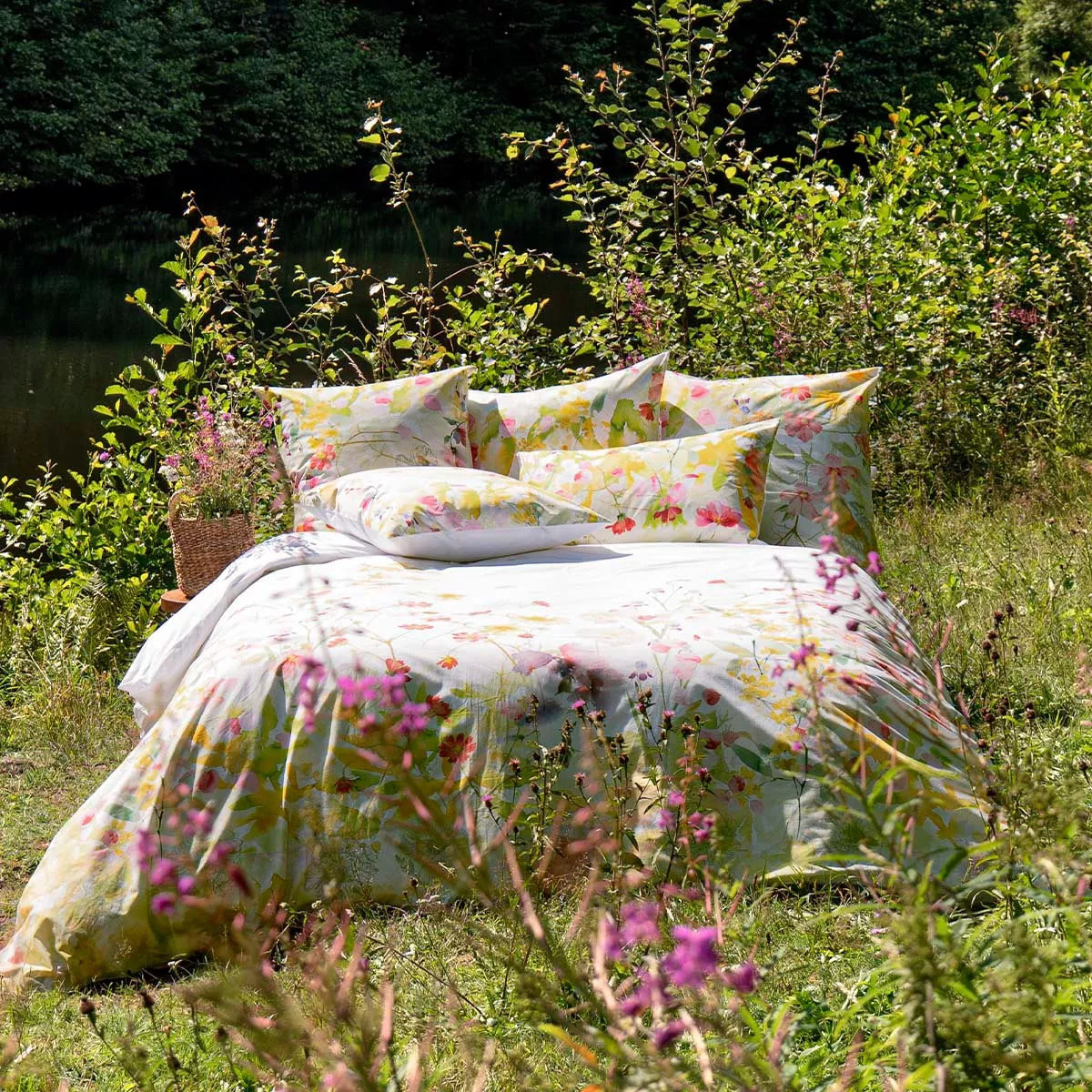 Housse de couette percale de coton lavé 115 g/m² imprimé rose vert Souffle fleuri printemps