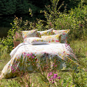 Housse de couette percale de coton lavé 115 g/m² imprimé rose vert Souffle fleuri printemps