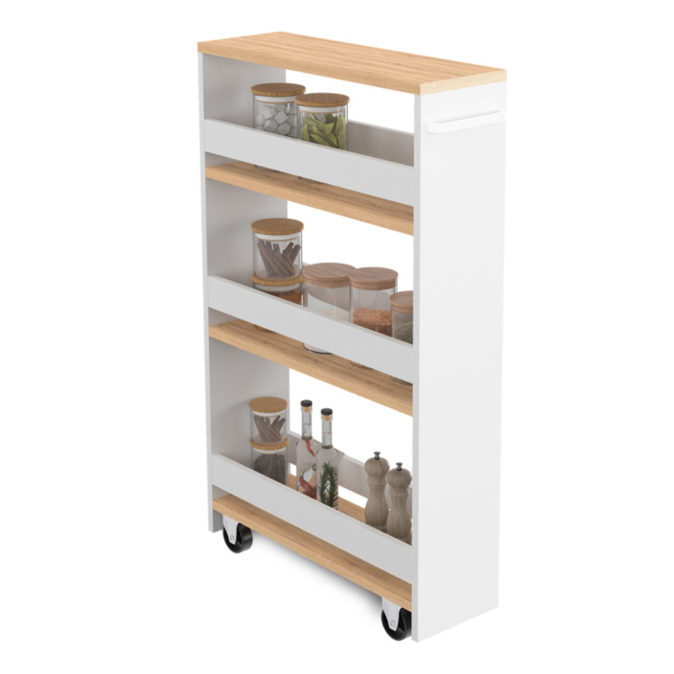 Etagère range épices à roulettes blanc et bois
