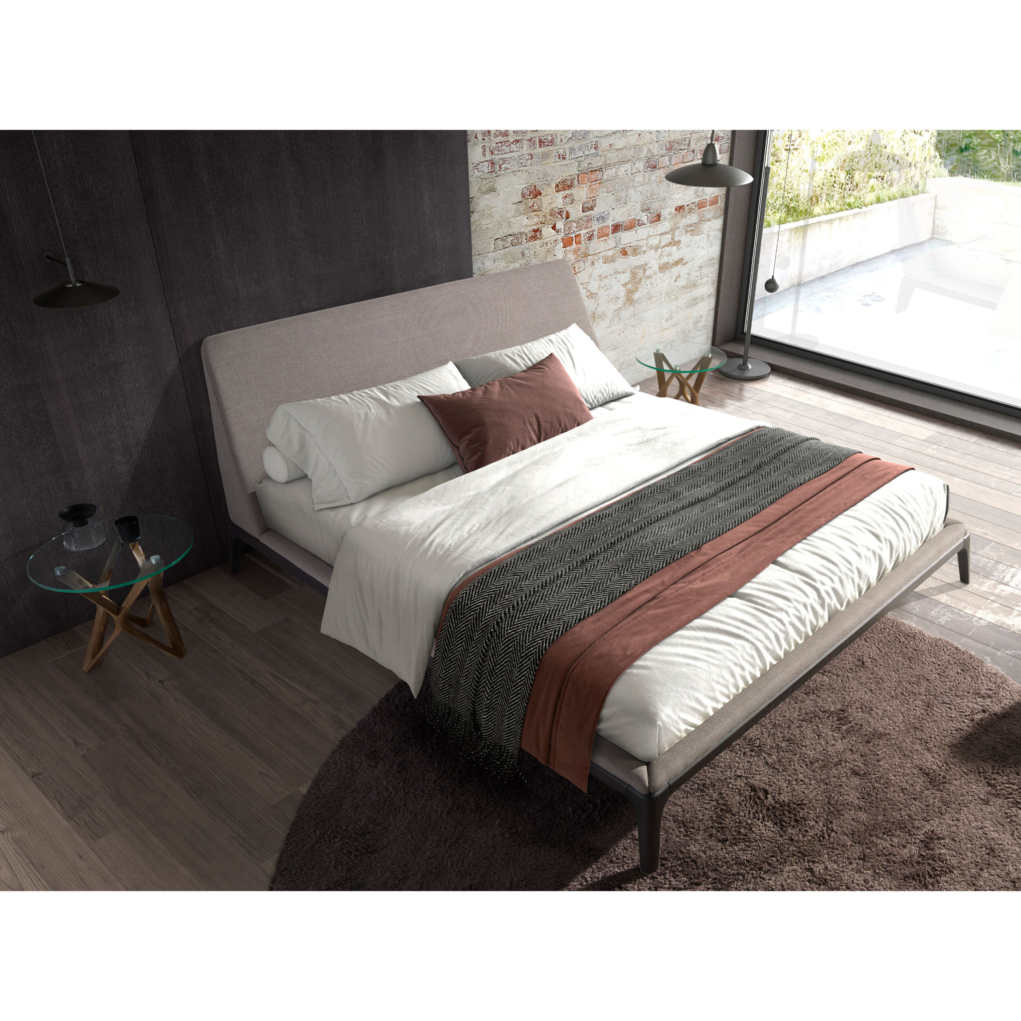 Cama Angel Cerdá de matrimonio con cabecero y estructura en tela gris y patas de madera en wengué 192x230x101cm