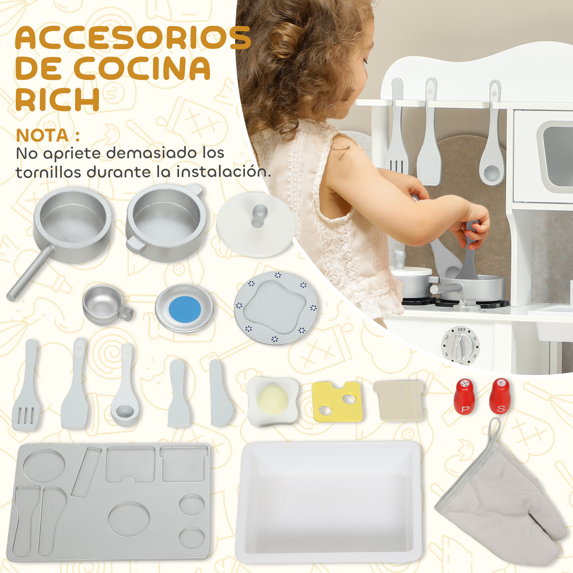Cocina de Juguete de Madera con Sonido, Cocinita Infantil con Accesorios, Fregadero, Microondas y Fogón, Juguetes para Niños a Partir de 3 Años, 55x24x86 cm, Blanco