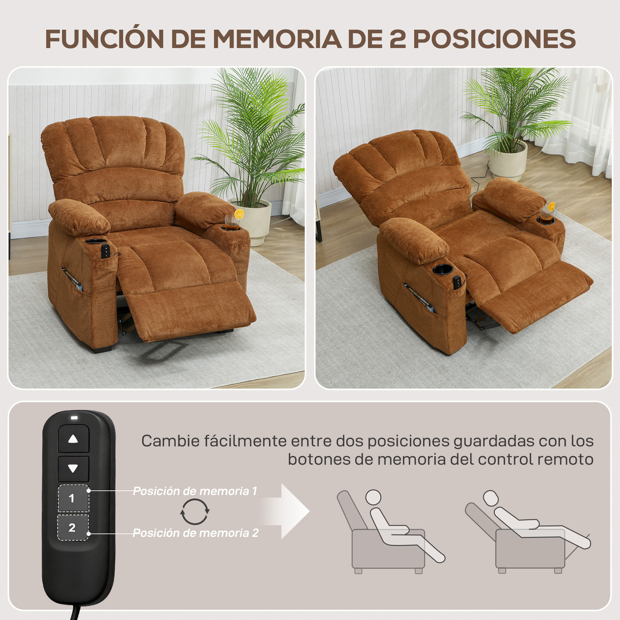 Sillón Relax Reclinable Eléctrico, Sillón Reclinable Silencioso de Terciopelo con Función Memoria, Reposapiés, Mando a Distancia, Bolsillos, Puerto USB, Portavasos, Respaldo Concha