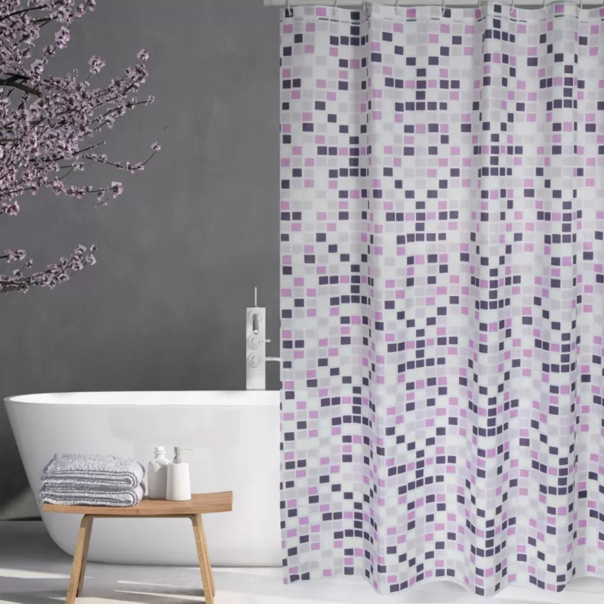 Rideau de douche Polyester MOSAIKO 180x200cm QUALITE PREMIUM Violet - Anneaux inclus MSV