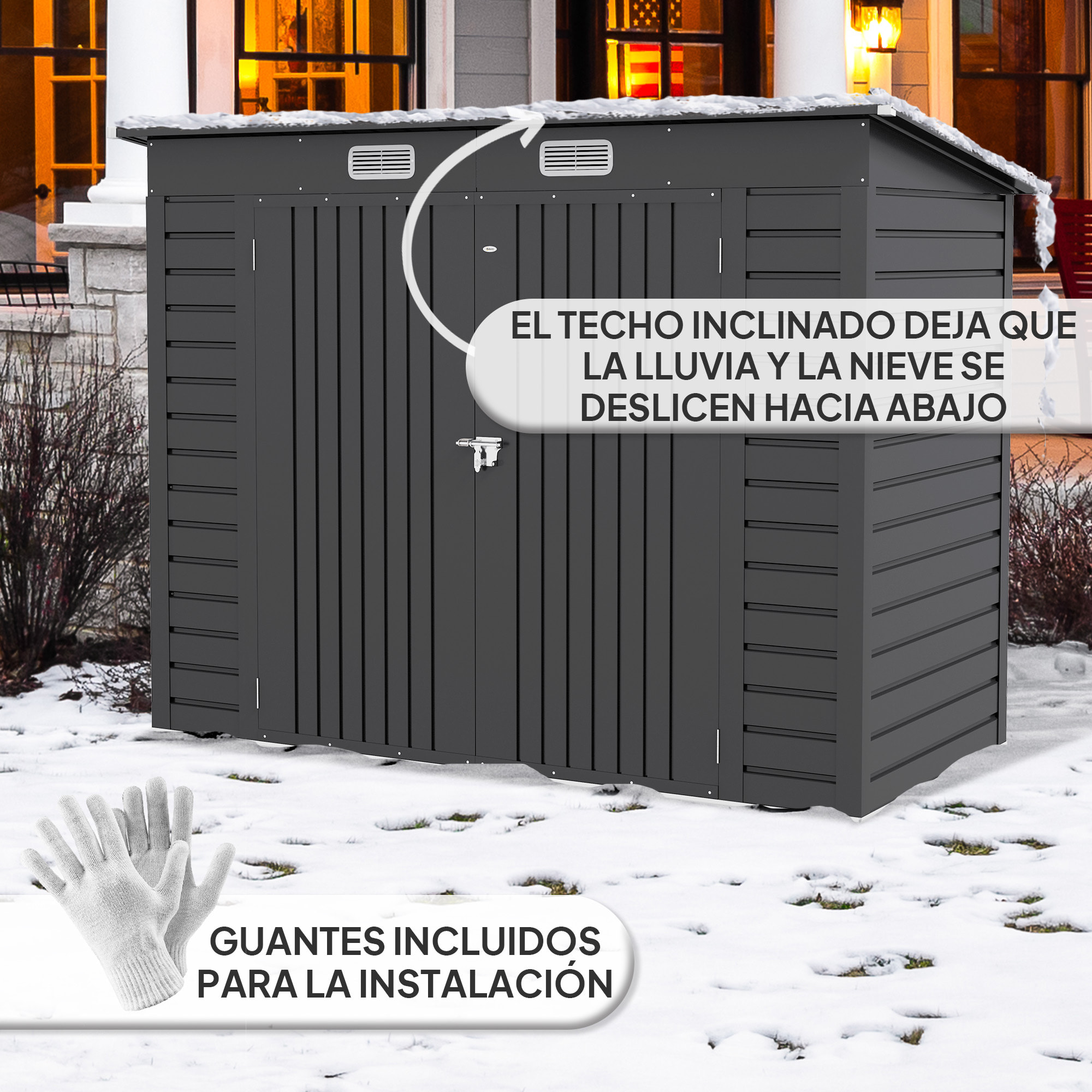 Caseta de Jardín Exterior 2,7m² 249x121x183 cm Cobertizo de Jardín Exterior con Doble Puerta 2 Ventilaciones y Pestillo Cobertizo para Terraza Patio Gris