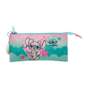 Estuche Triple Angel & Stitch. Interior totalmente forrado y personalizado. Con accesorio corazón.