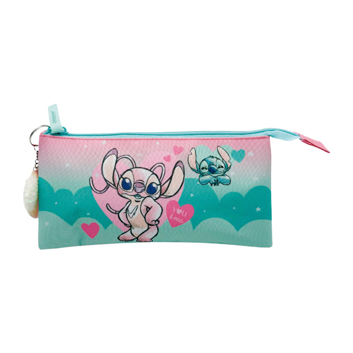 Estuche Triple Angel & Stitch. Interior totalmente forrado y personalizado. Con accesorio corazón.