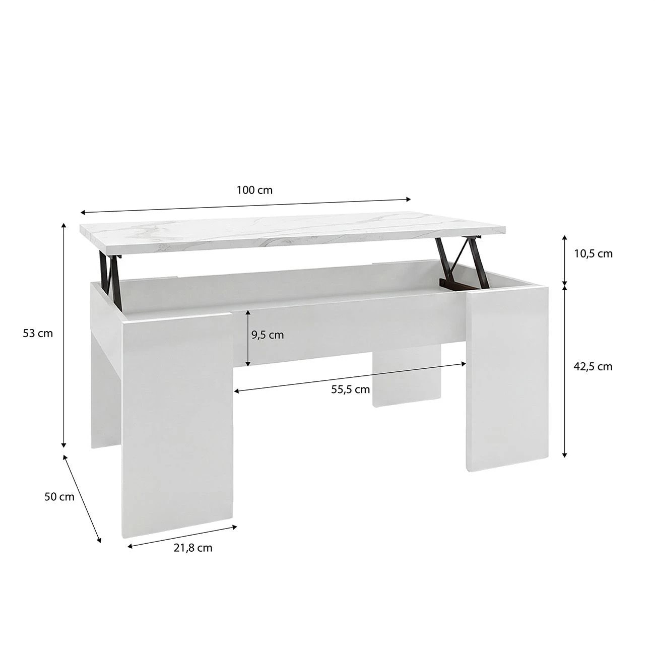 Mesa de centro elevable con almacenaje en blanco artik y efecto mármol blanco mate 100x45-56 cm Vita Blanco Artik (Blanco Mate) - Mármol Blanco Mate