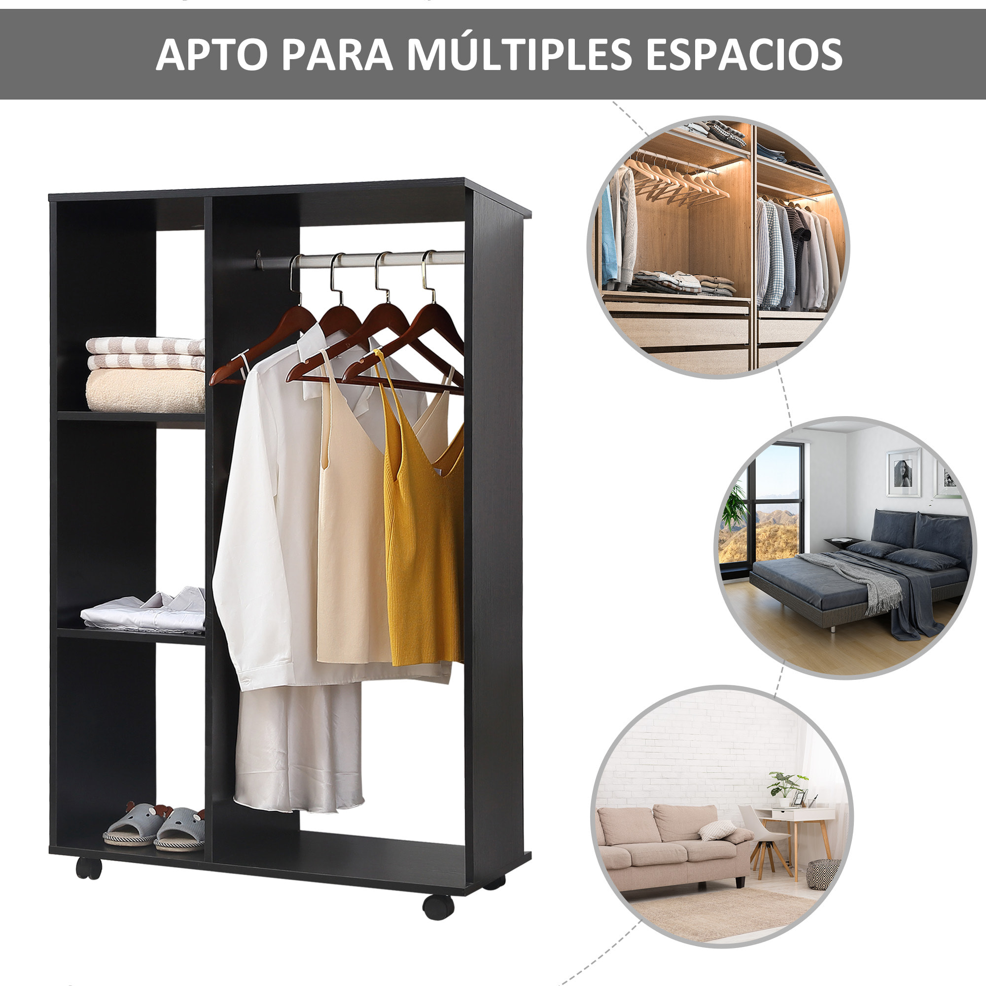 Armario Ropero con Ruedas Armario para Ropa con Barra Estantes Abiertos Organizador para Colgar Ropa de Dormitorio 80x40x128 cm Negro