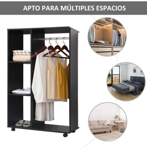 Armario Ropero con Ruedas Armario para Ropa con Barra Estantes Abiertos Organizador para Colgar Ropa de Dormitorio 80x40x128 cm Negro