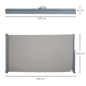 Store latéral brise-vue paravent rétractable dim. 3L x 1,60H m alu. polyester anti-UV haute densité 280 g/m² gris