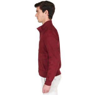 Giacca bomber in pelle camoscio bordeaux con bottoni e tasconi