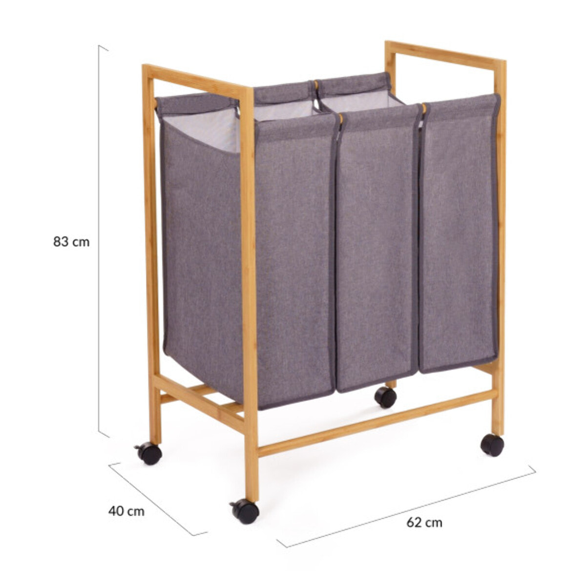 Panier à linge 3 compartiments Maya en bambou avec roulettes