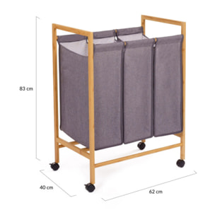 Panier à linge 3 compartiments Maya en bambou avec roulettes