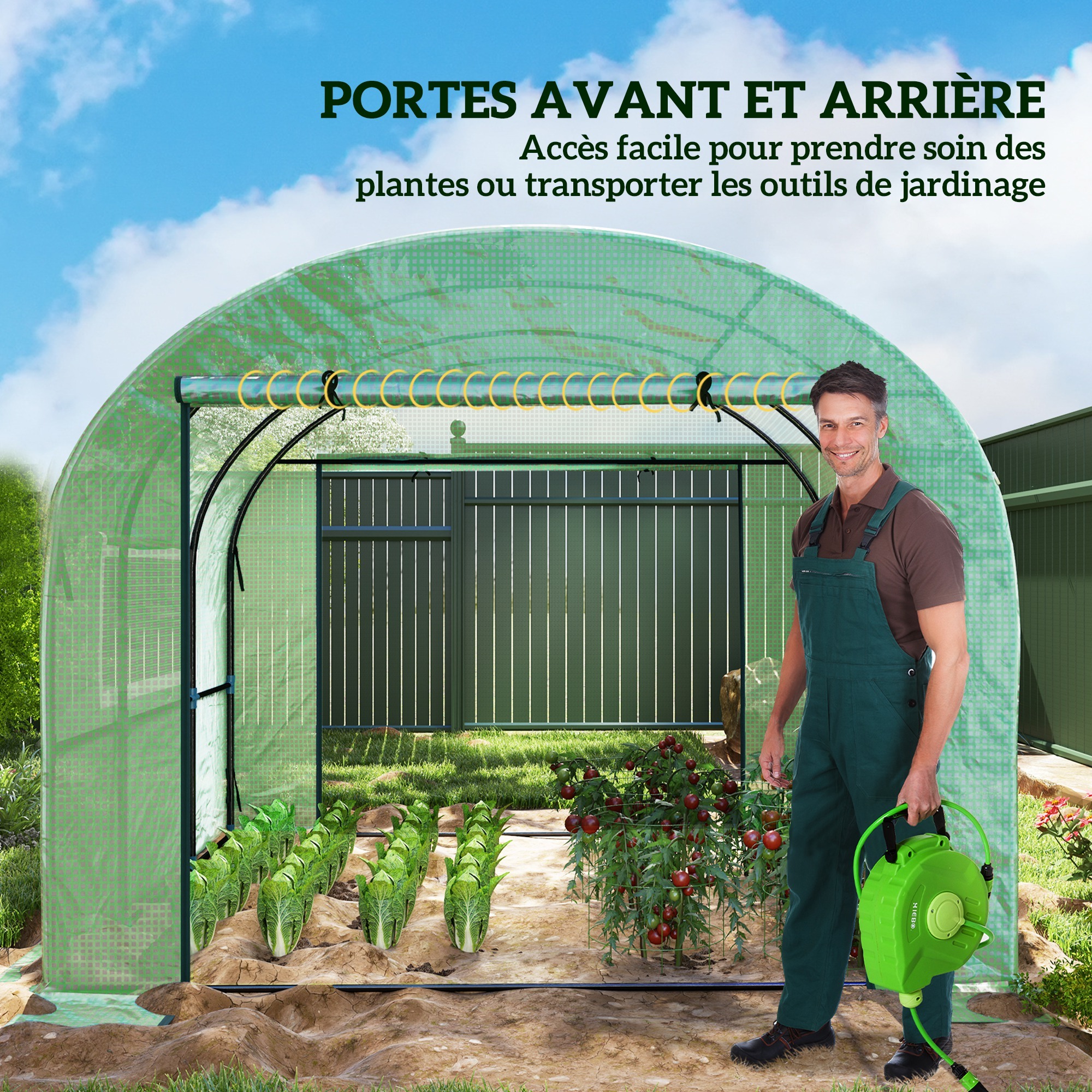Serre tunnel 6 m² 2 portes zippées 2 fenêtres maillées acier PE haute densité 135 g/m² vert