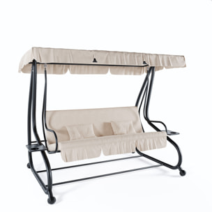 Dondolo 3 Posti Reclinabile Tettuccio Parasole Regolabile Cuscini Imbottiti Diventa Letto Struttura Robusta In Acciaio 200 x 120 x 160 cm Beige