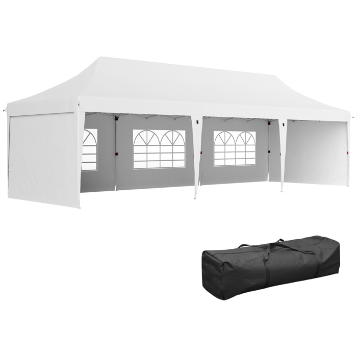 Carpa Plegable 9x3x3 m Cenador de Jardín con Altura Ajustable Paredes Laterales Ventanas Protección UV50+ Impermeable y Bolsa de Transporte Gazebo para Exterior Fiestas Camping Blanco