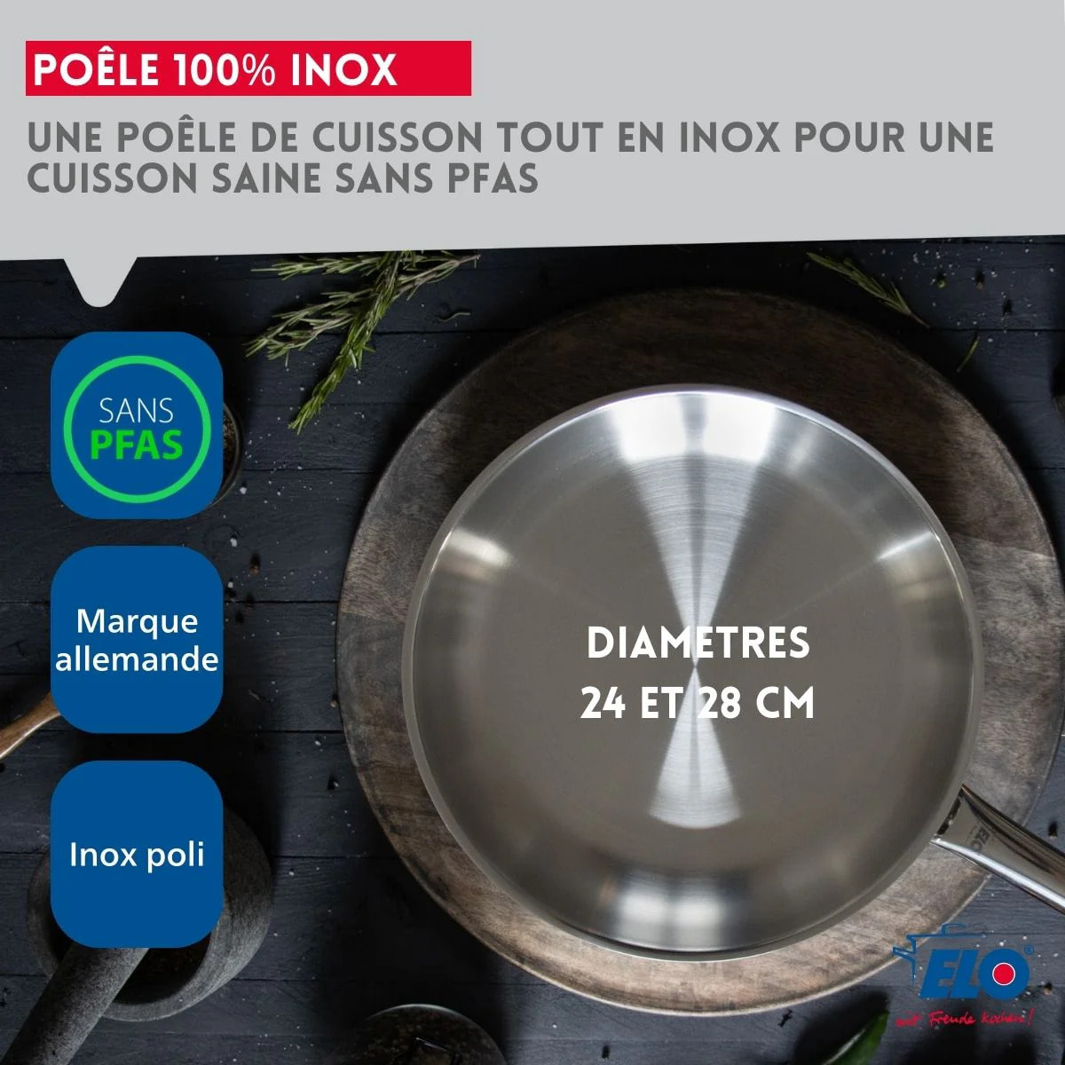 Lot de 2 poêles inox de 24 cm et 28 cm Elo Profi Therm