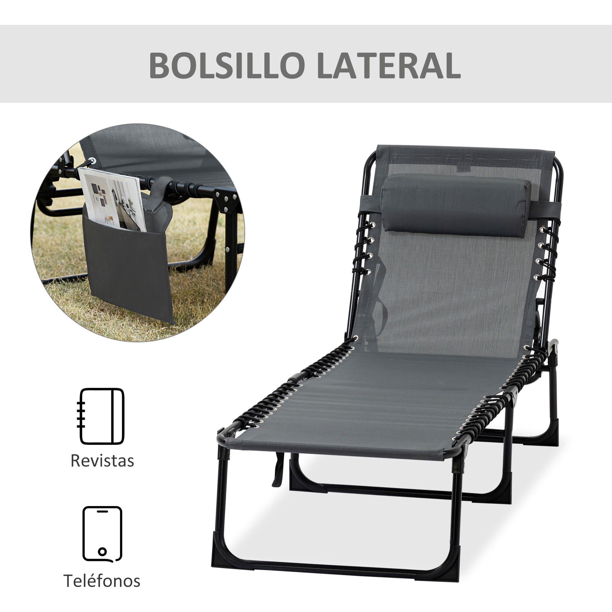 Tumbona Plegable Tumbona Jardín Exterior con Respaldo Ajustable Reposacabezas Acolchado Bolsillo Lateral y Estructura de Acero 185x58x30 cm Gris
