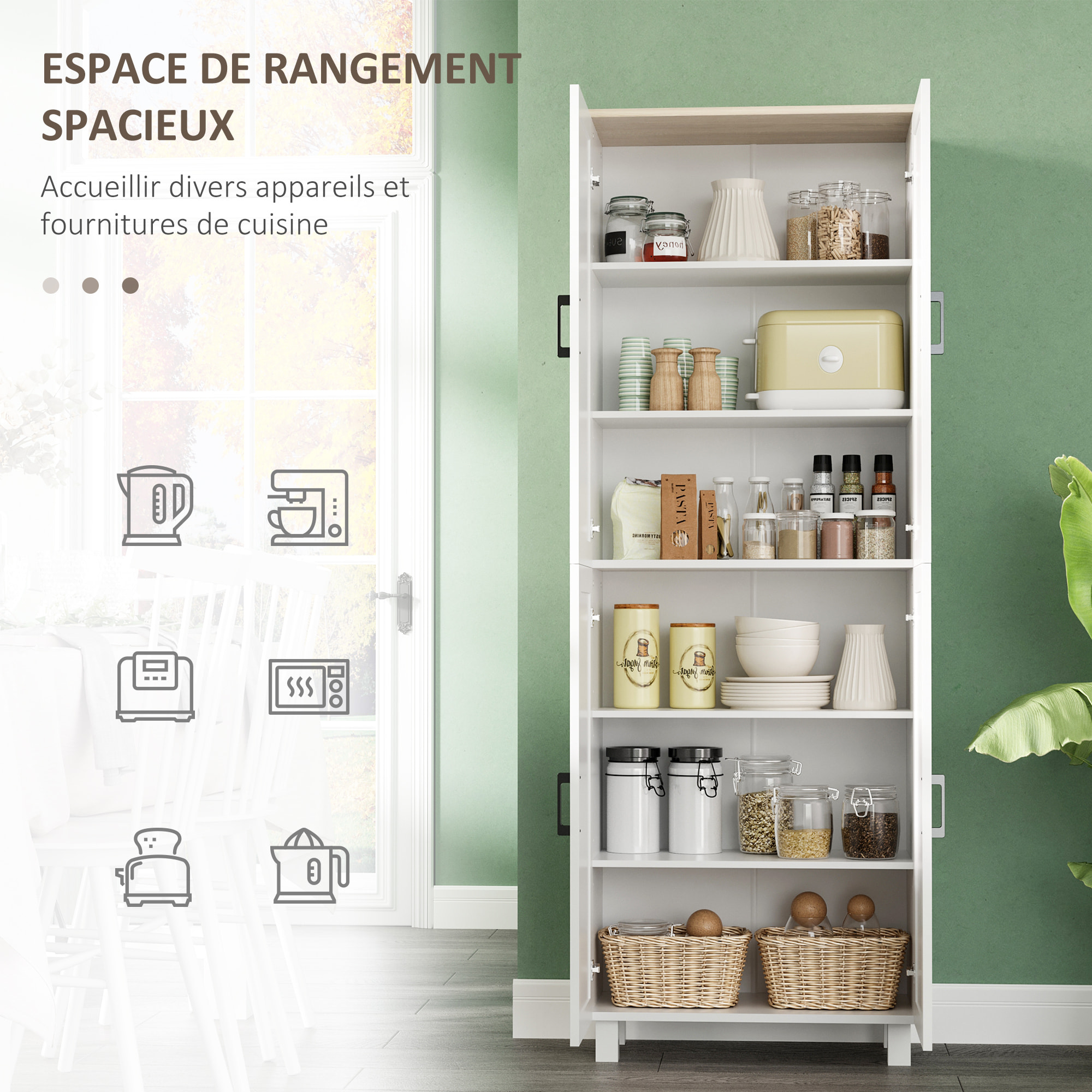 Buffet haut - armoire de cuisine - buffet cuisine vaisselier - 5 étagères - poignées métal noir effet bois clair blanc
