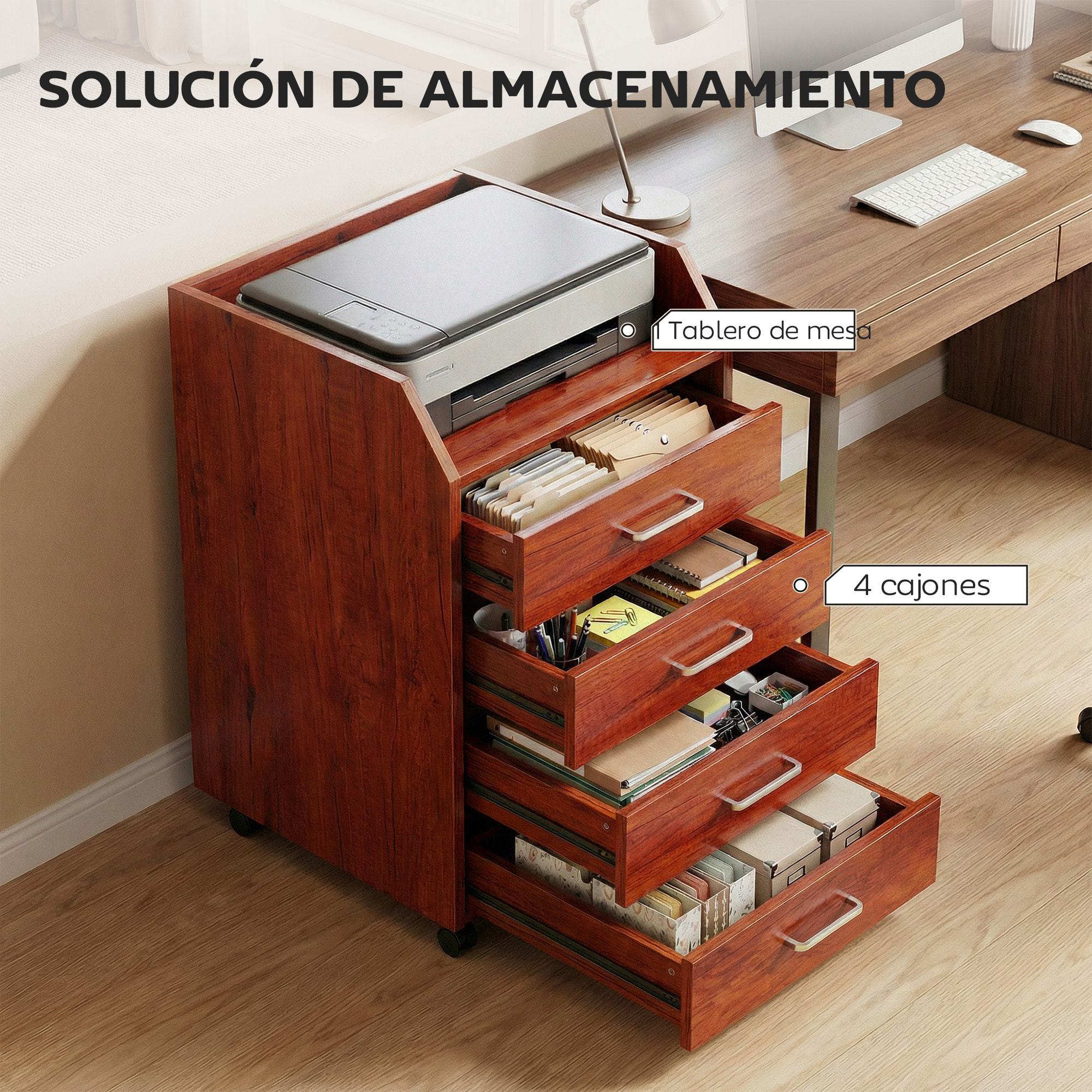 Cajonera de Escritorio con Ruedas, Cajonera de Oficina con 4 Cajones, Archivador Móvil para Estudio, Salón, para Debajo del Escritorio, 40x36x65 cm, Marrón