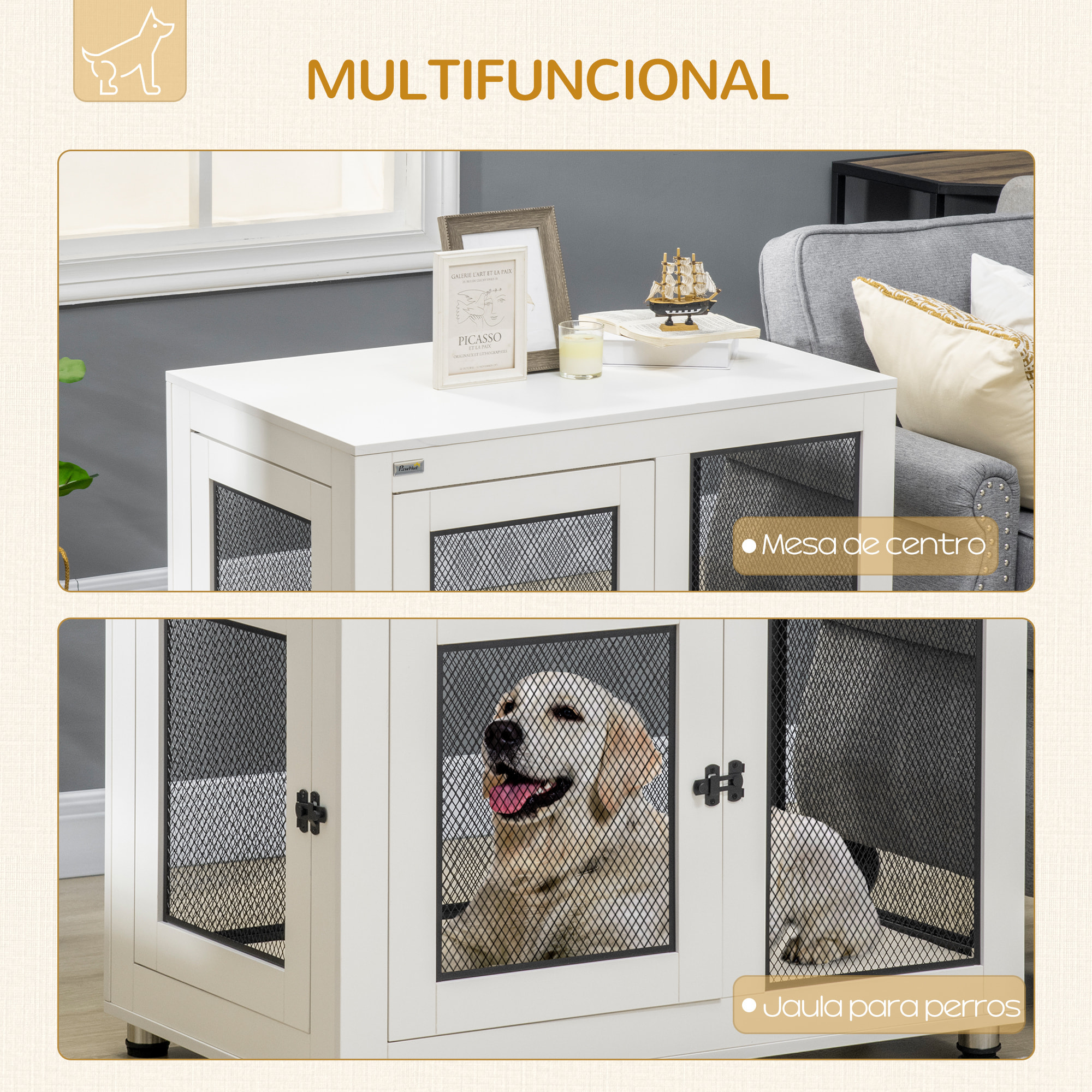 Jaula para Perros de Madera Superficie Mesa de Centro 94x60x71,5cm con 2 Puertas