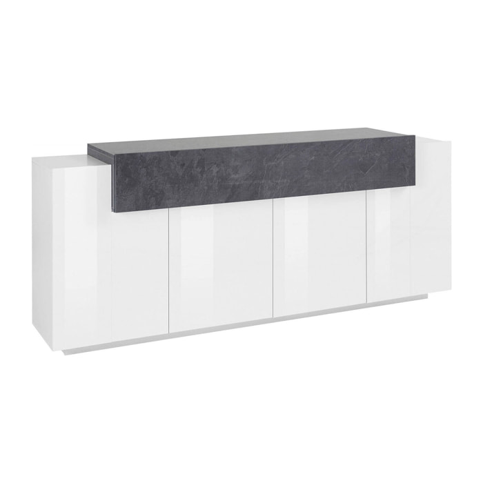 Credenza moderna a 5 ante, Made in Italy, Madia da cucina, Buffet di design da soggiorno, cm 200x45h86, colore Bianco lucido e Grigio Cenere